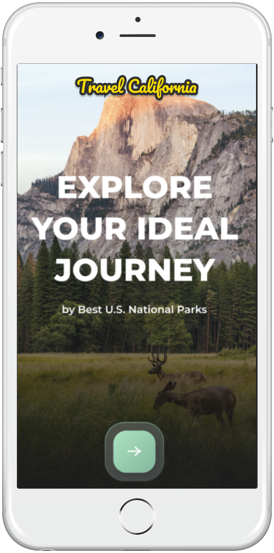 An IPhone phone screen with the Travel California webpage